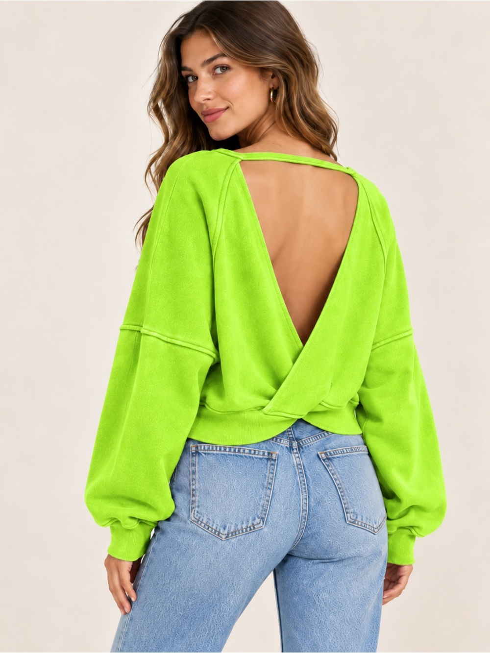 Backless Long Sleeve Dress Top in Bright Lime Green